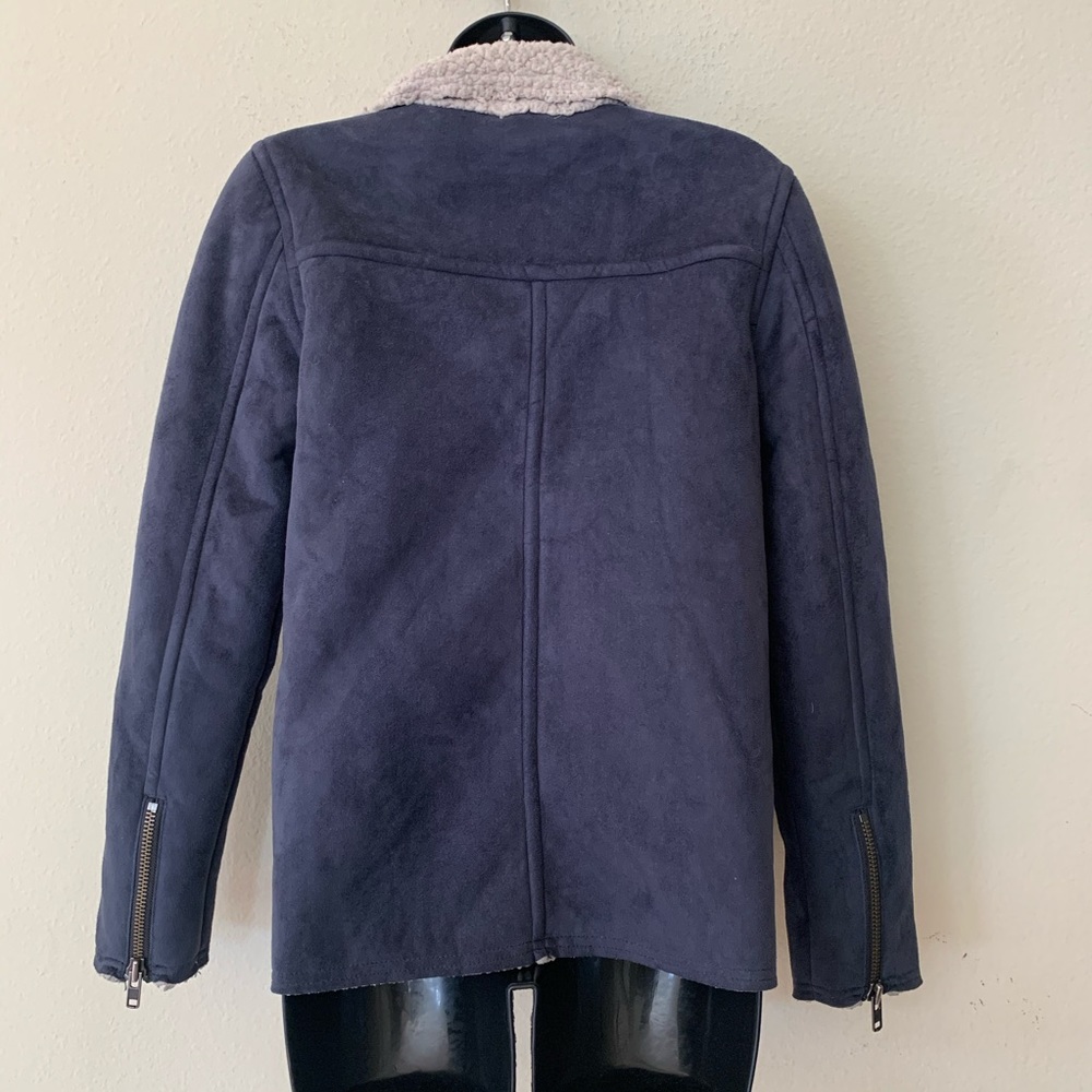 Leith Blue Faux Suede Sherpa Trim Moto Zip Jacket - Picture 8 of 15
